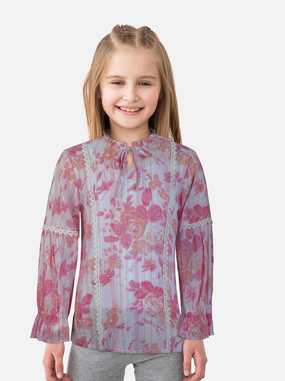 Gini and Jony Kids Girls Pink Floral Printed Tie-Up Neck Crepe Shirt Style Top