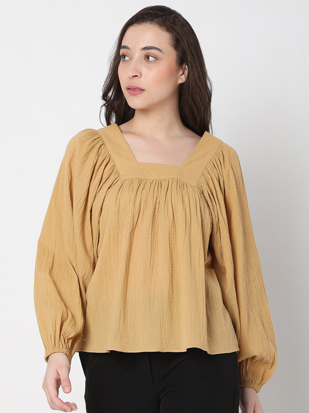 Vero Moda Women Beige Square Neck Cotton Blend Top
