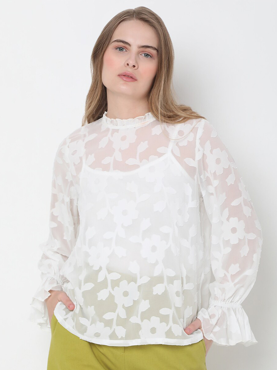 Vero Moda Women White Self Design Floral Top