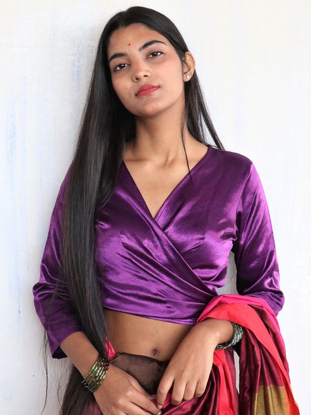 Chidiyaa Women Purple Wrap Crop Top-Type Silk Saree Blouse