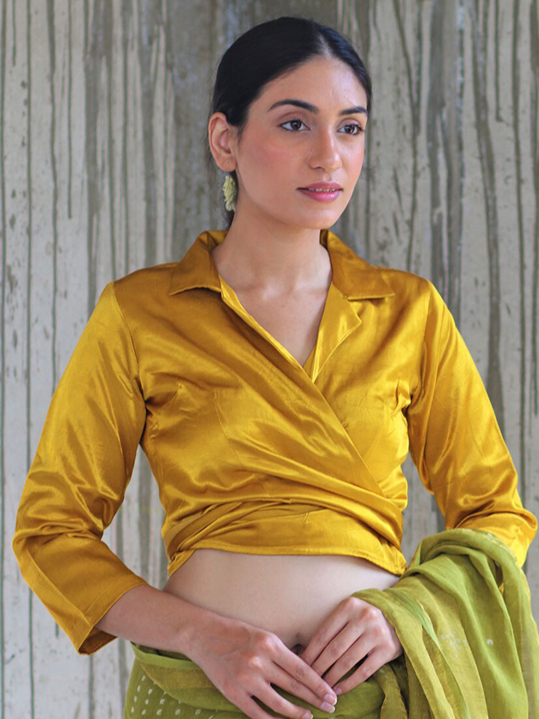 Chidiyaa Women Yellow Solid Shirt Collar Tie- Up Silk Saree Blouse