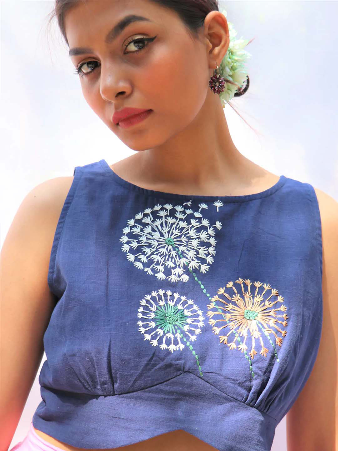 Chidiyaa Women Blue Embroidered Cotton Saree Blouse