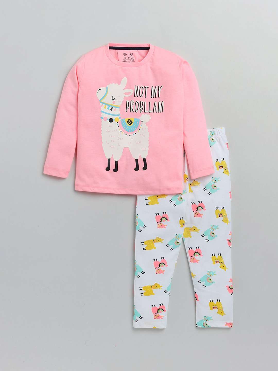 Lazy Shark Girls Pink & White Printed Cotton Blend Night suit