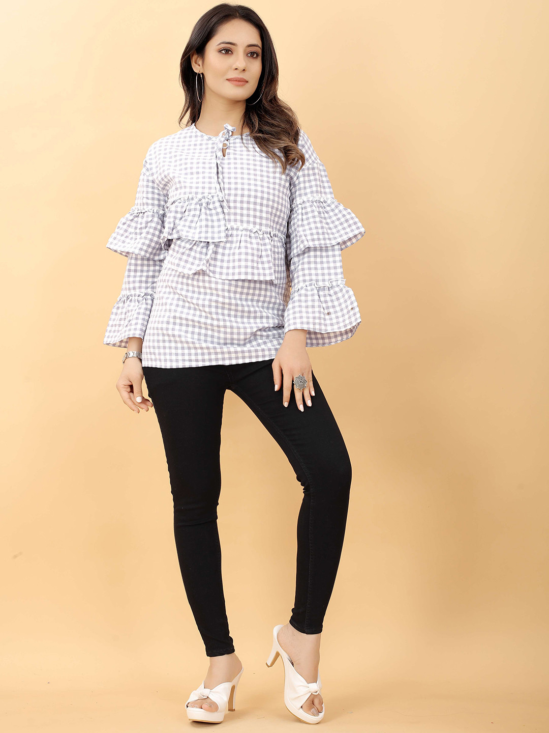 RACHNA White & Grey Checked Tie-Up Neck Crepe Top