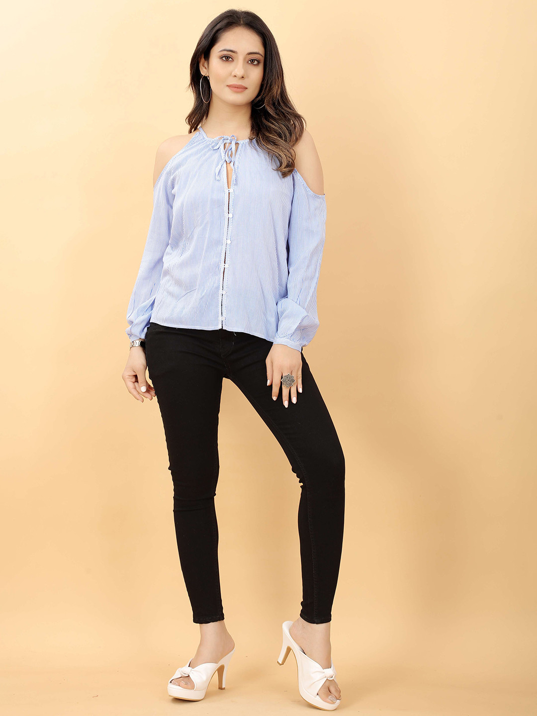 RACHNA Blue Striped Tie-Up Neck Cold-Shoulder Sleeves Top