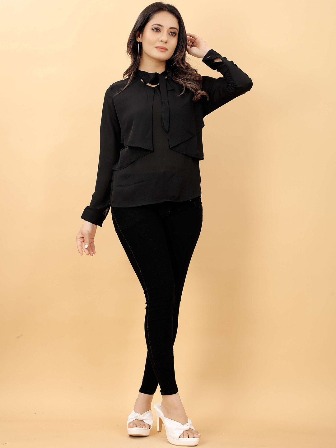 RACHNA Black Tie-Up Neck Layered Crepe Top