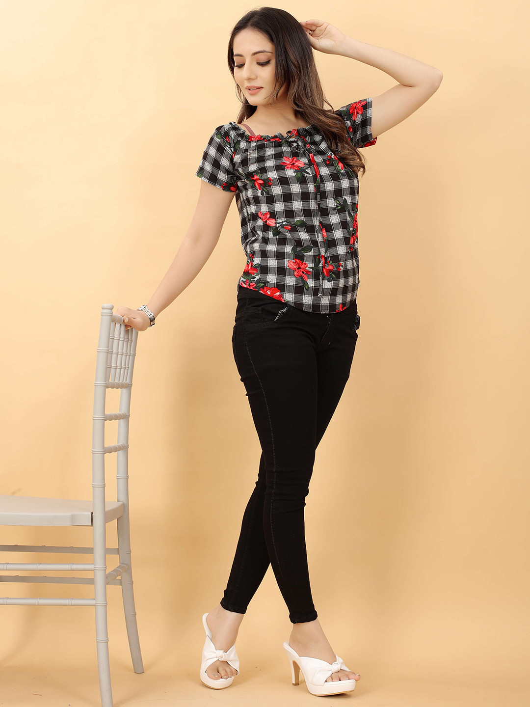 RACHNA Black Floral Checked Tie-Up Neck Ruffles Crepe Handloom Top