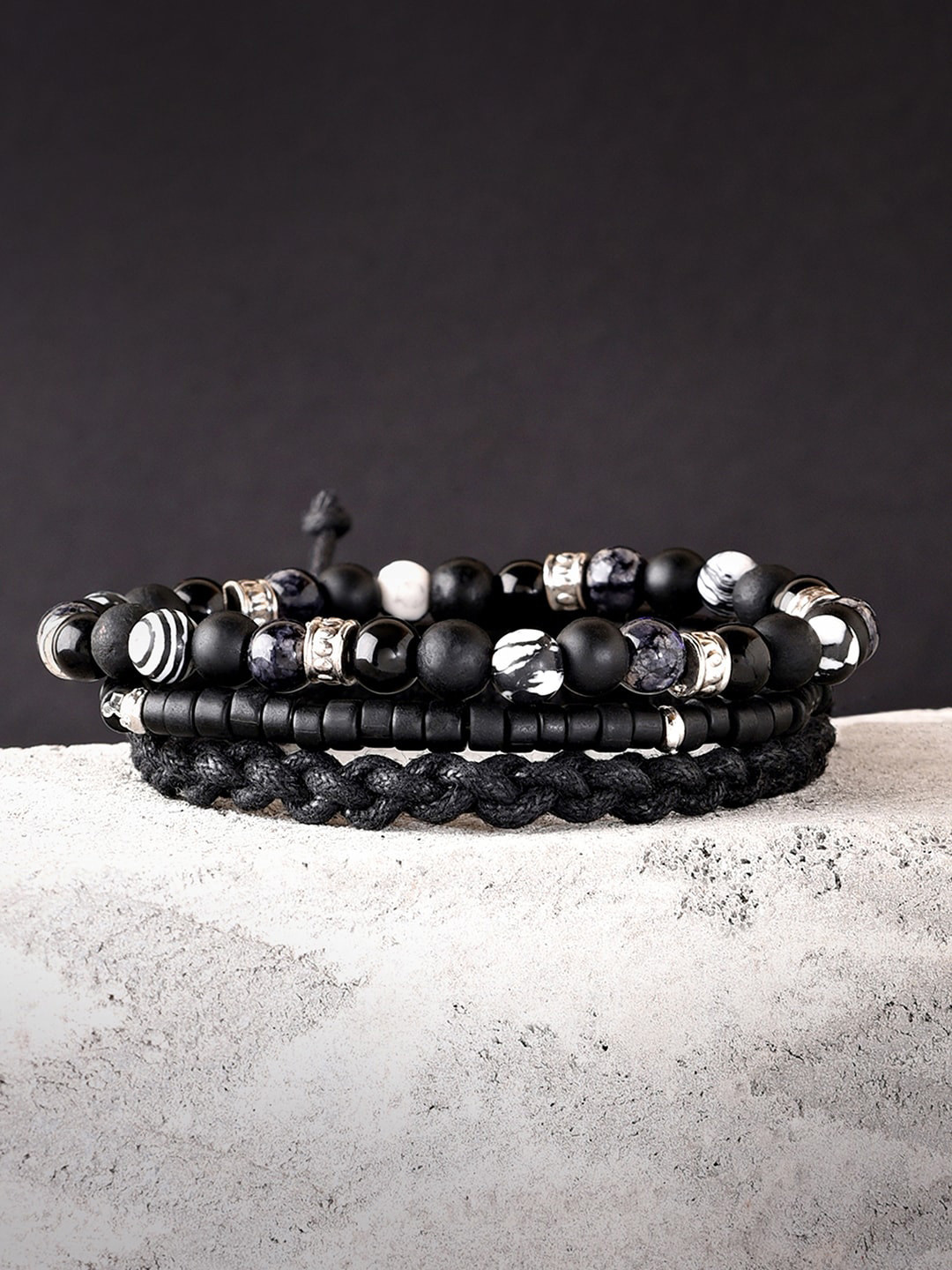 The Bro Code Men Set of 3 Grey and Black Elasticated Semi Precious Beaded bracelet