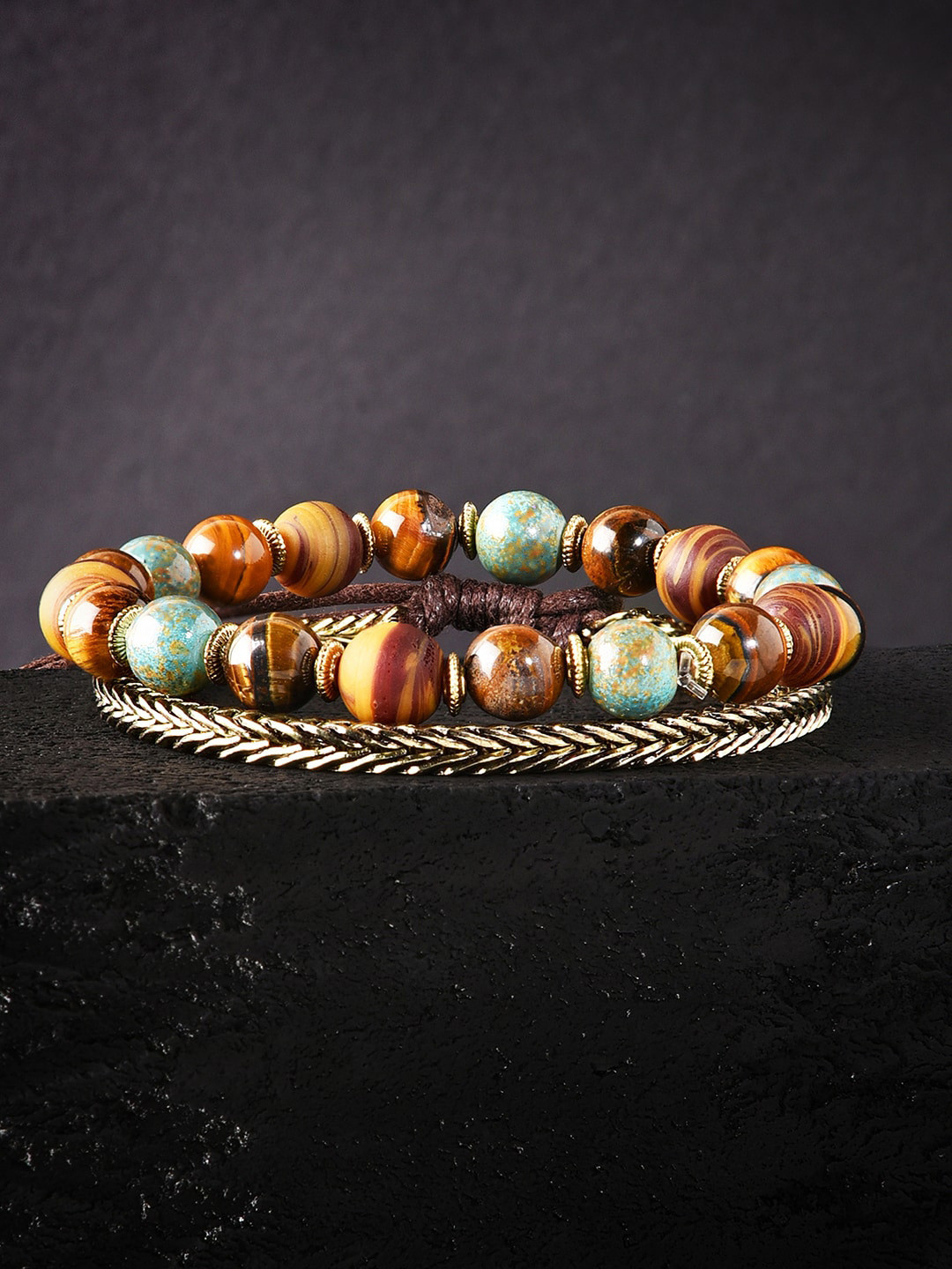 The Bro Code Men Set of 2 Gold-Toned & Brown Tigers Eye Gold-Plated Bracelet