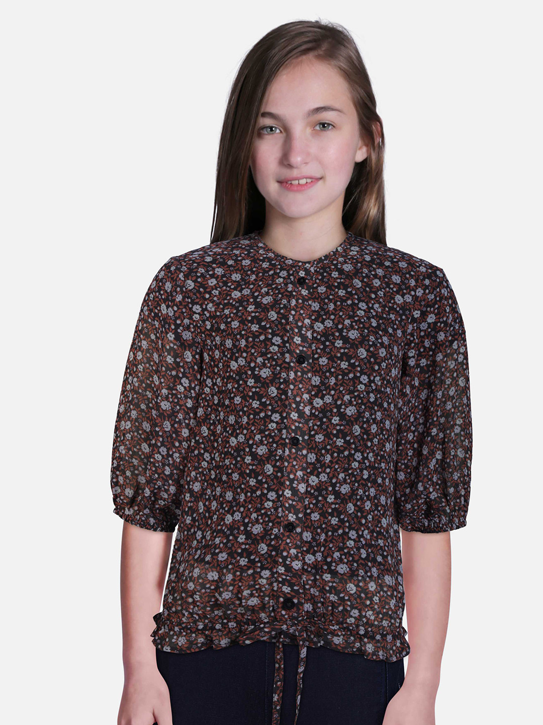 Gini and Jony Brown Floral Print Blouson Top