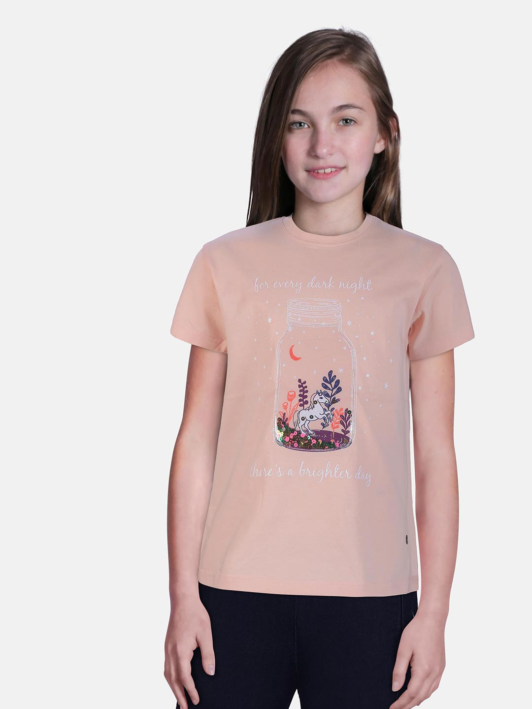 Gini and Jony Peach-Coloured & White Printed Embellished Top