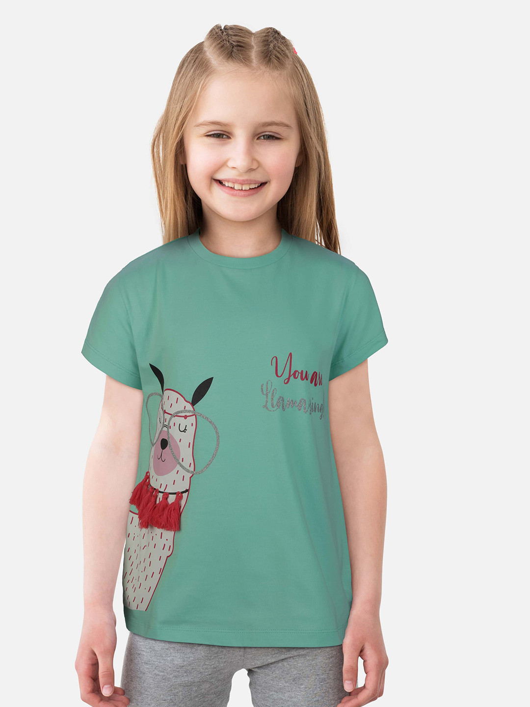 Gini and Jony Girls Sea Green Printed T-shirt