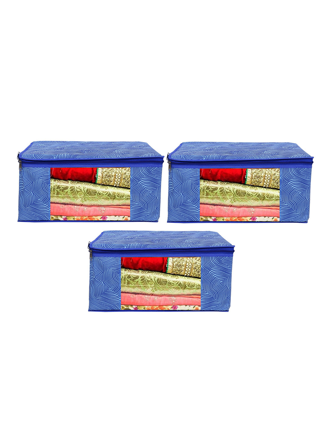 Home Fresh Pack Of 3 Blue Printed Organisers With Transparent Windows