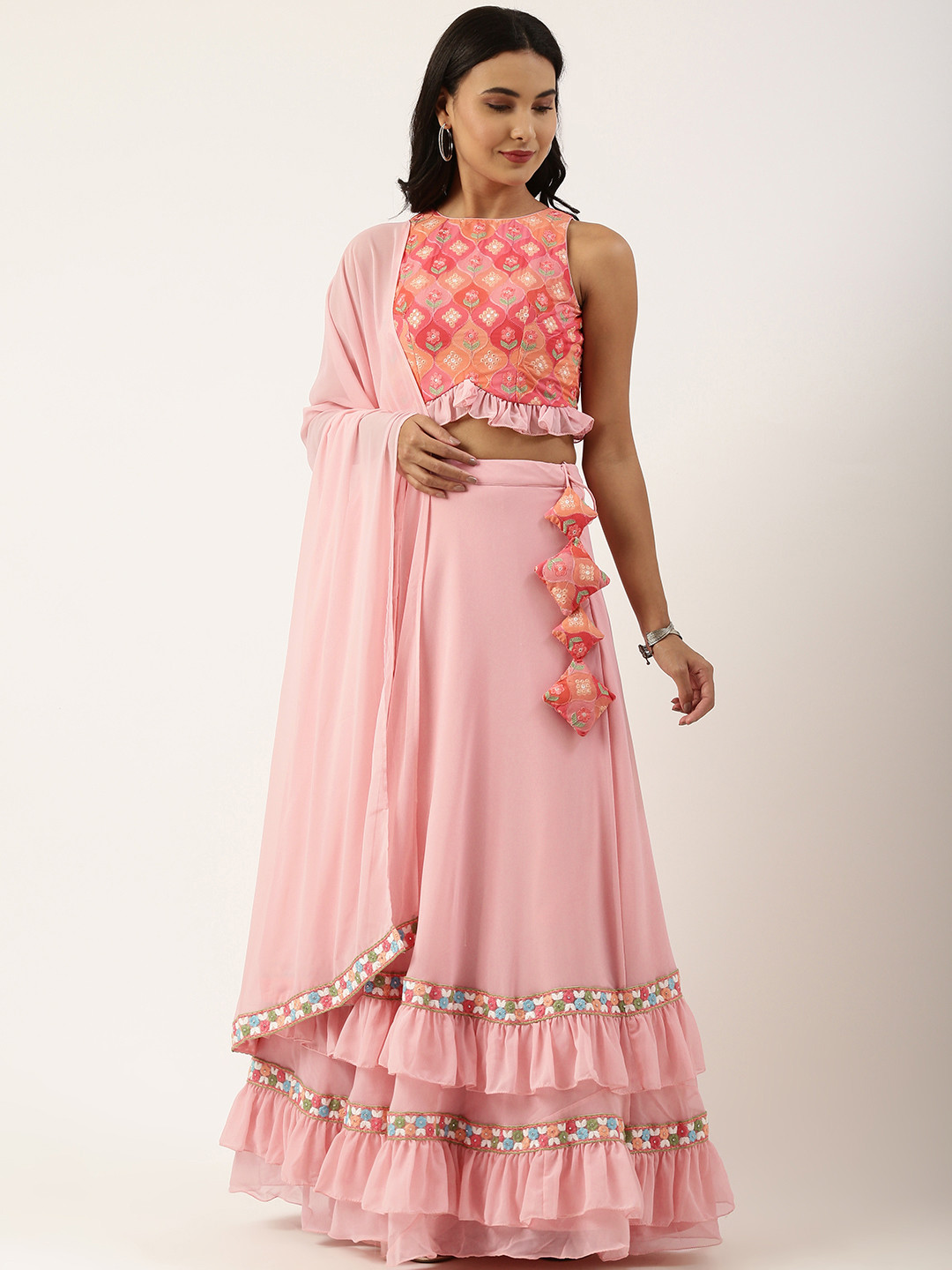 Ethnovog Pink Embroidered Mirror Work Made to Measure Lehenga  Blouse With Dupatta