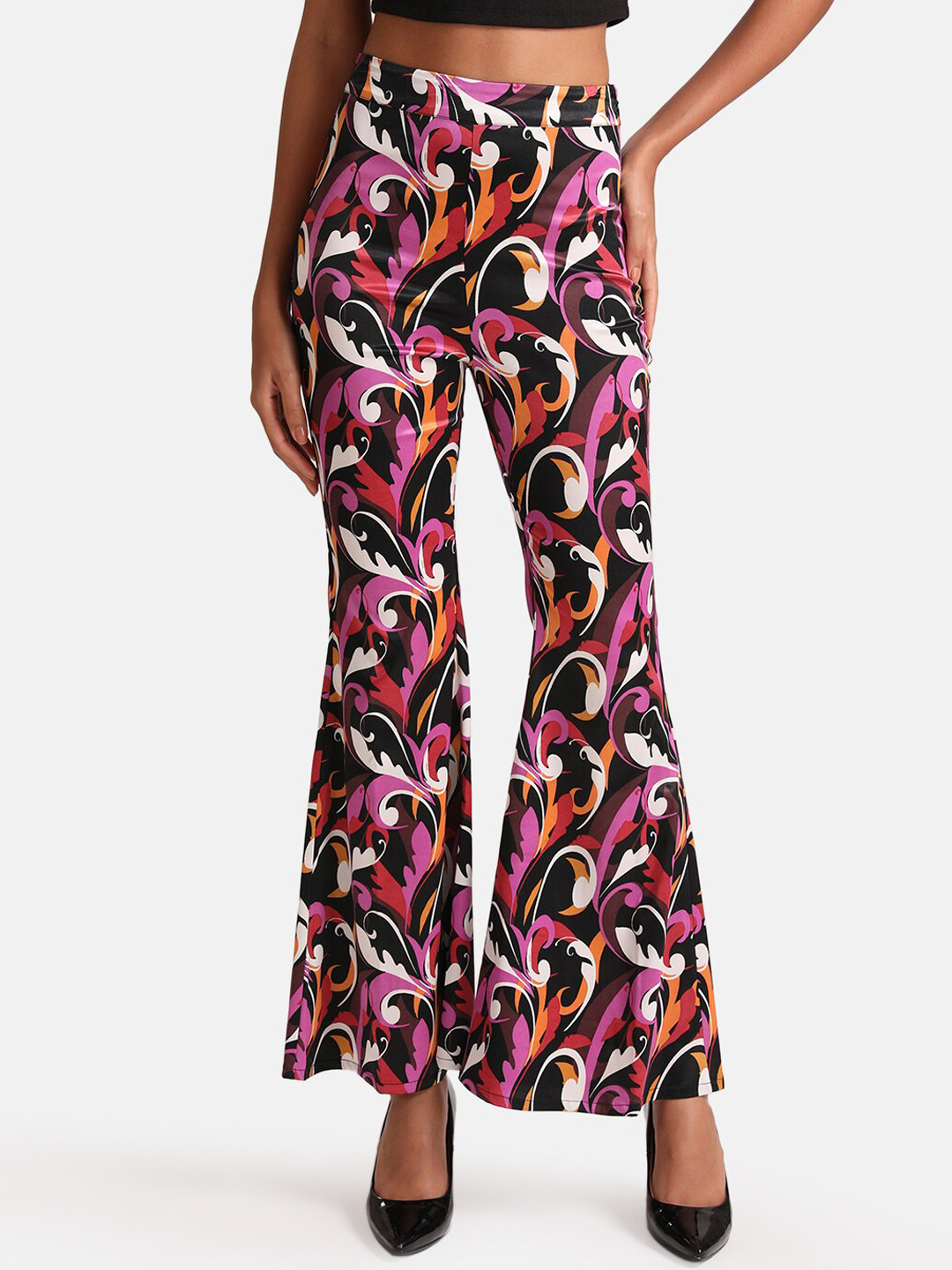 Kazo Women Floral Abstract Printed Flared High-Rise  Bell Bottom Trousers