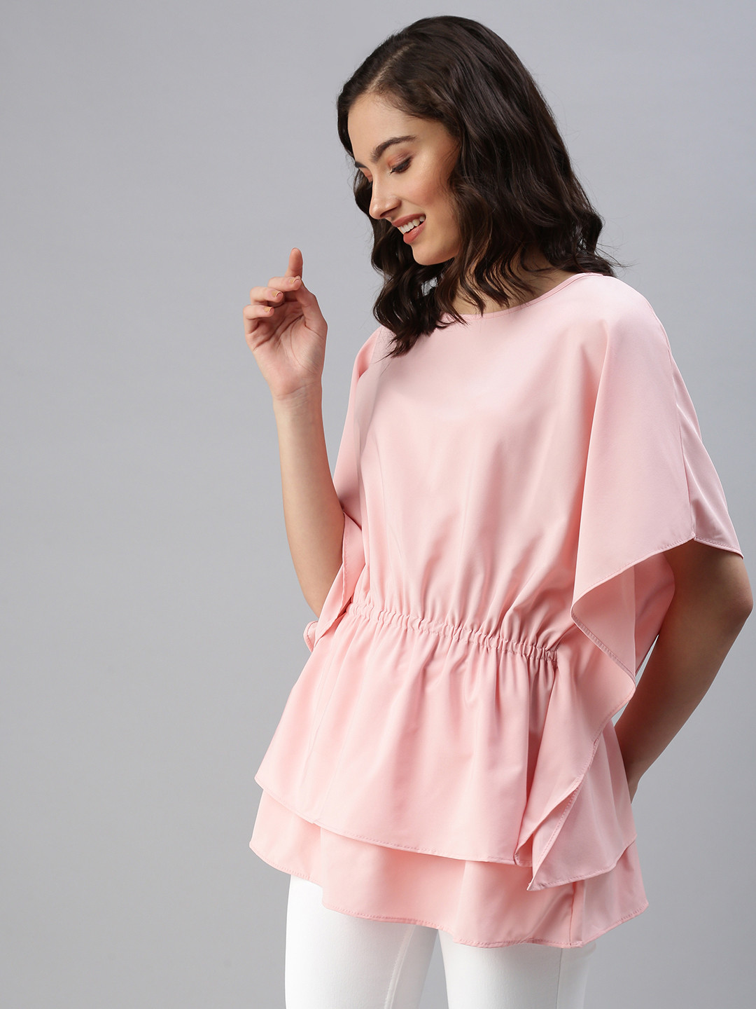 SHOWOFF Women's Pink Crepe Kaftan Cinched Tie Up Waist Layered Top