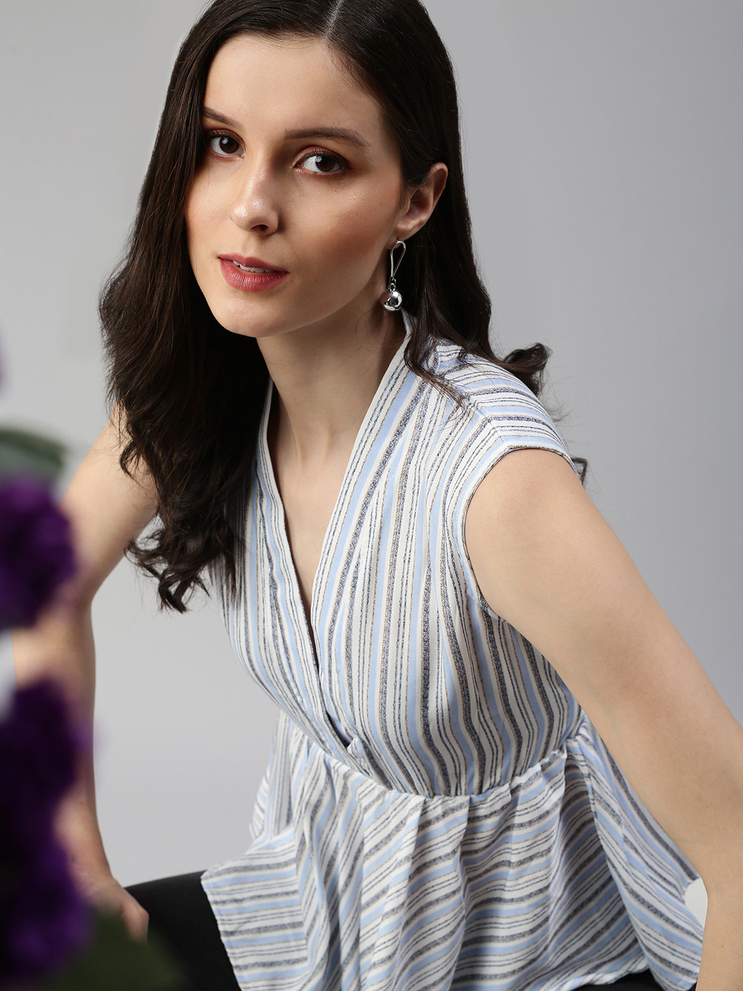 SHOWOFF Blue Vertical Striped Peplum V-Neck Top