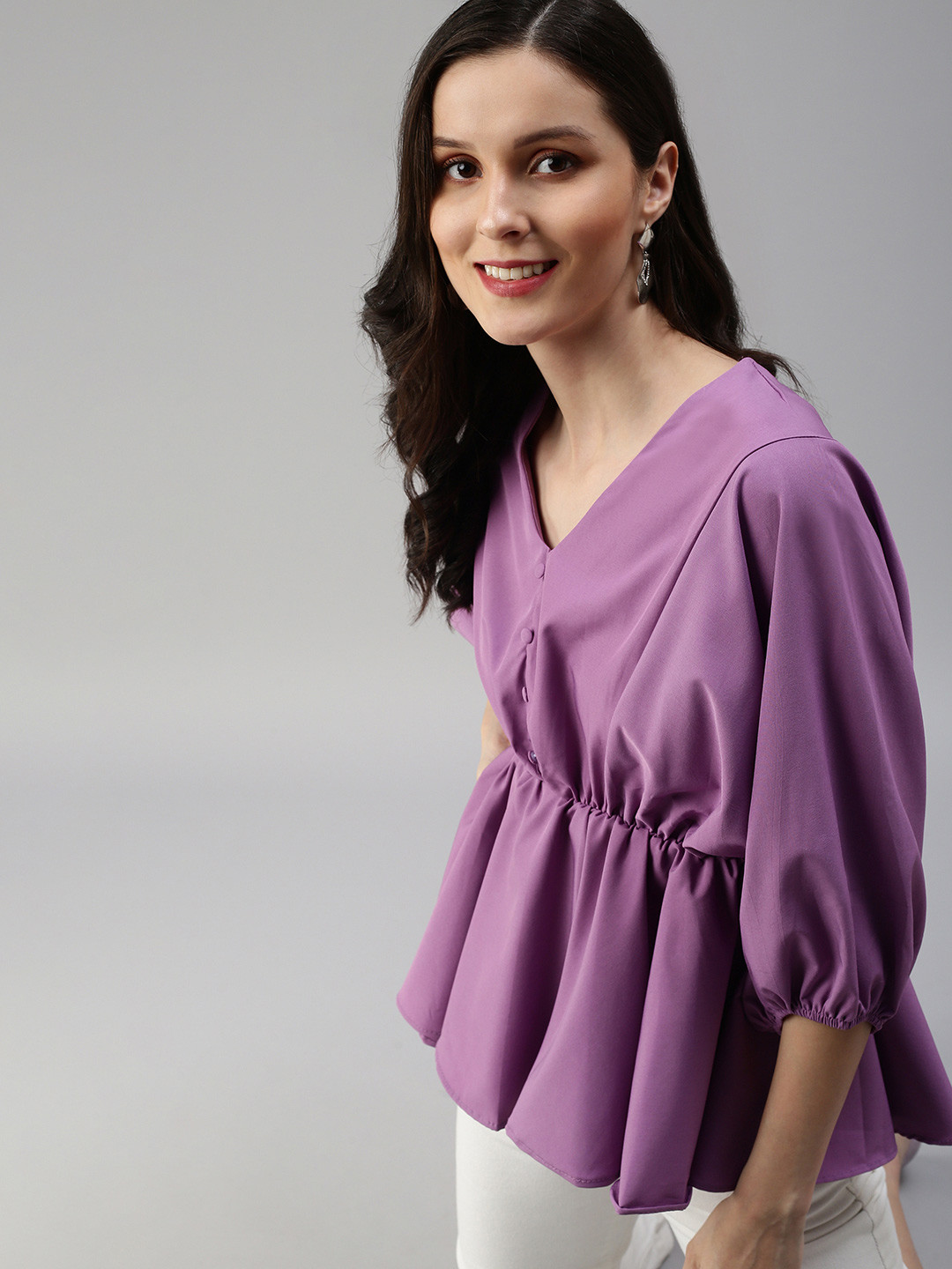 SHOWOFF Purple Crepe Cinched Waist V-neck Top
