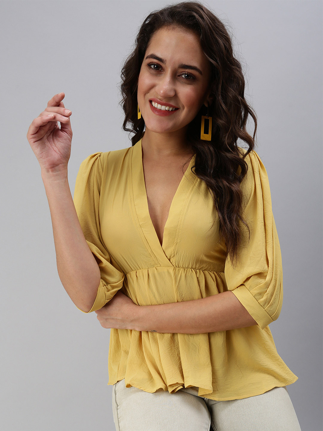 SHOWOFFFF Yellow Georgette V-Neck Top