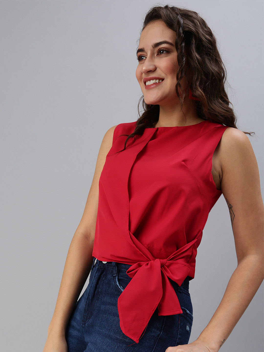 SHOWOFF Women's Red Crepe  Round Neck Top