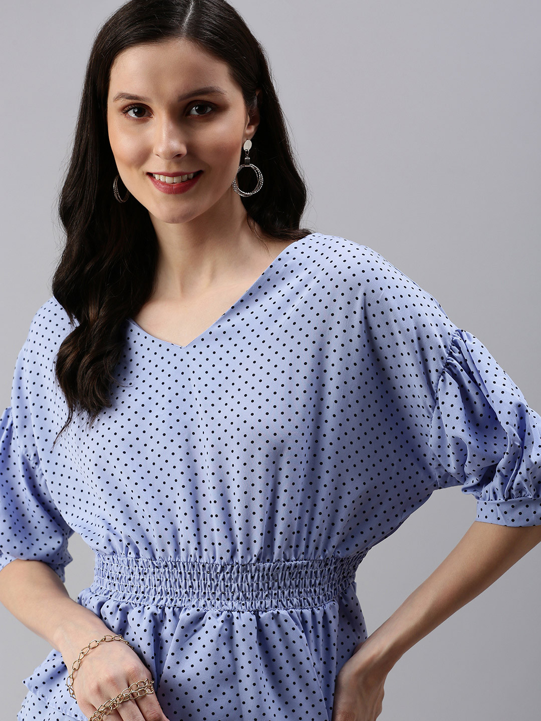 SHOWOFF Blue Print Crepe Cinched Waist  V-Neck Top