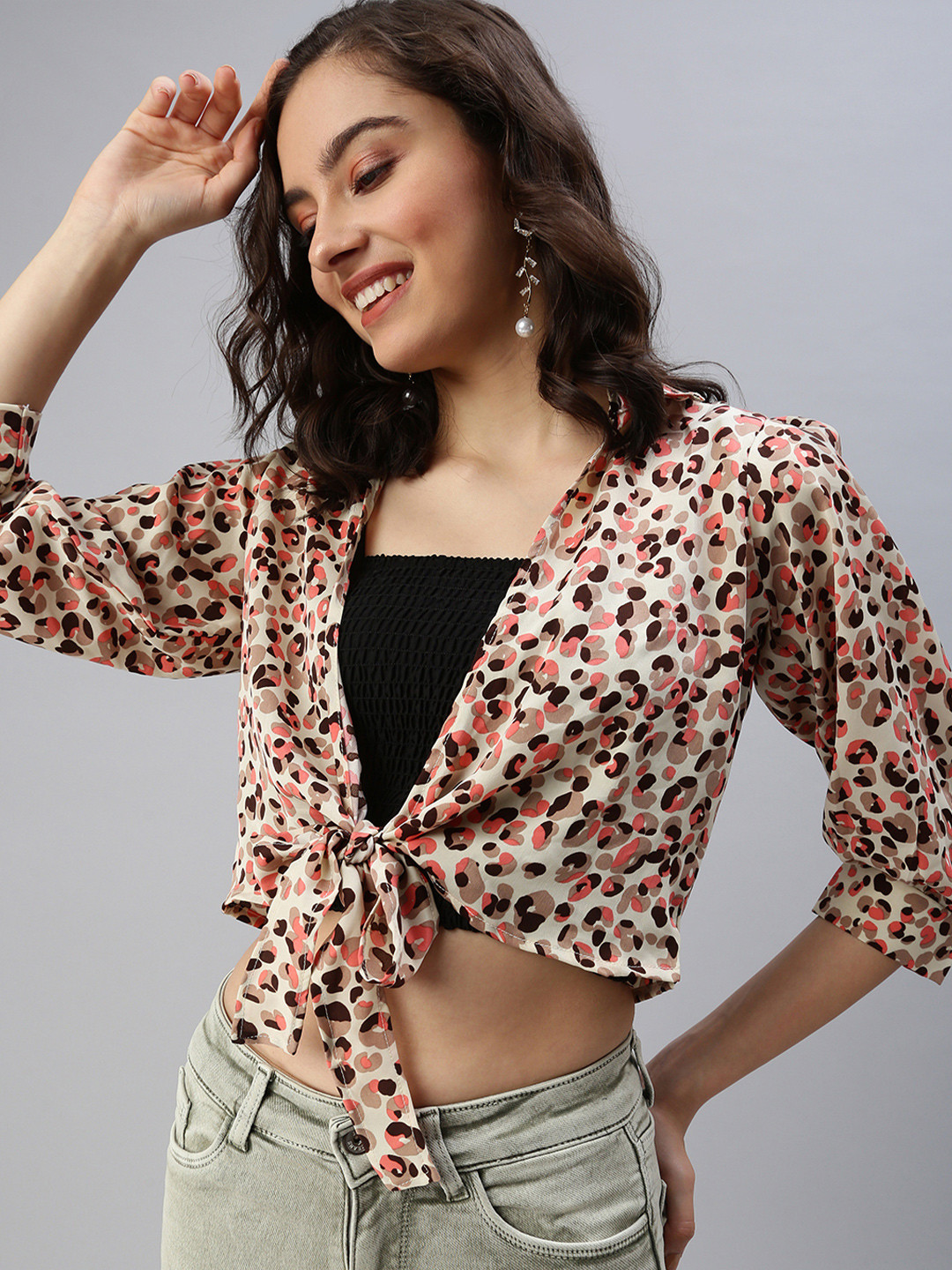SHOWOFF Women's Beige Print Crepe Wrap Crop Top