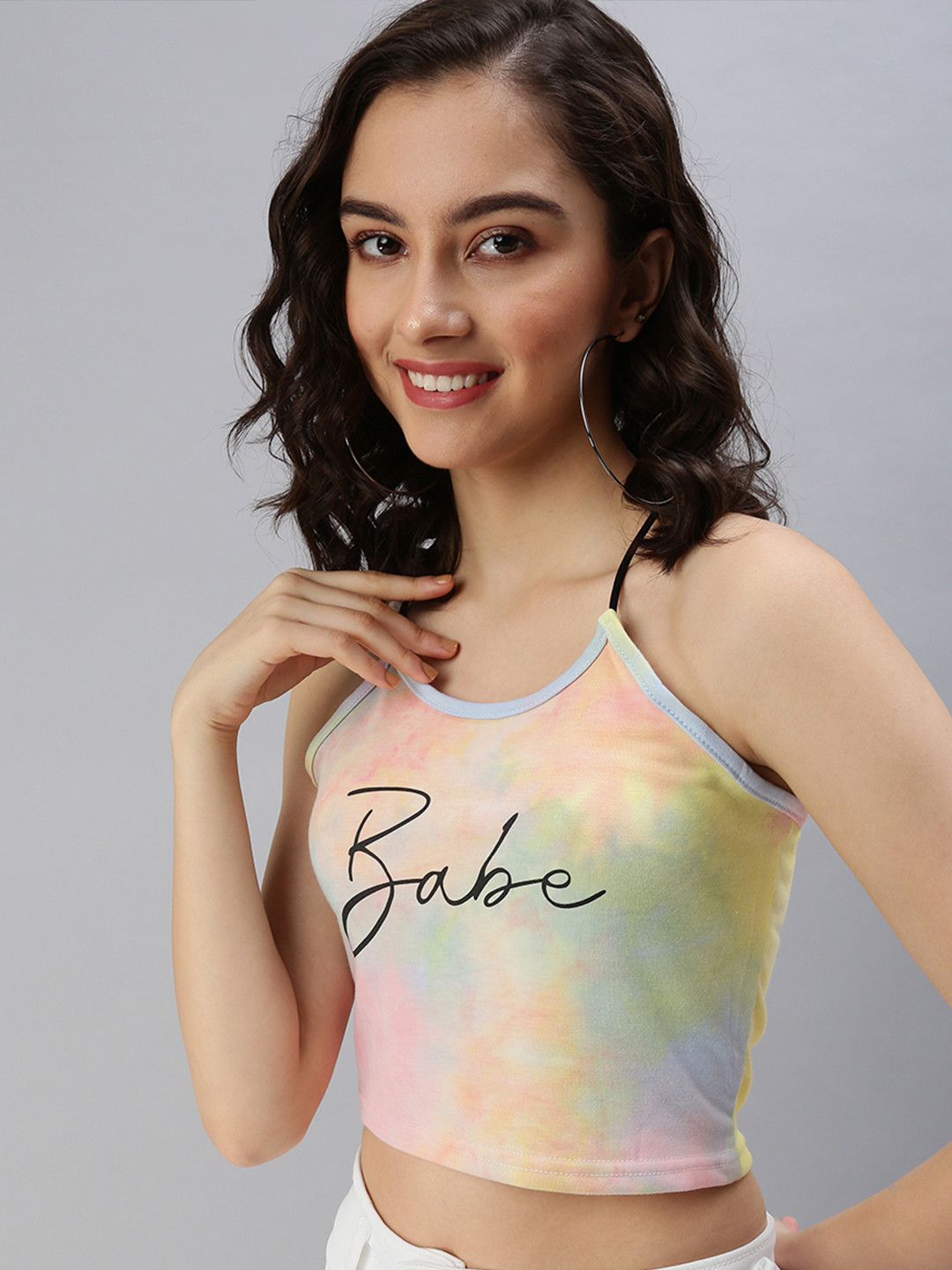 SHOWOFF Yellow & Pink Tie and Dye Crop Top