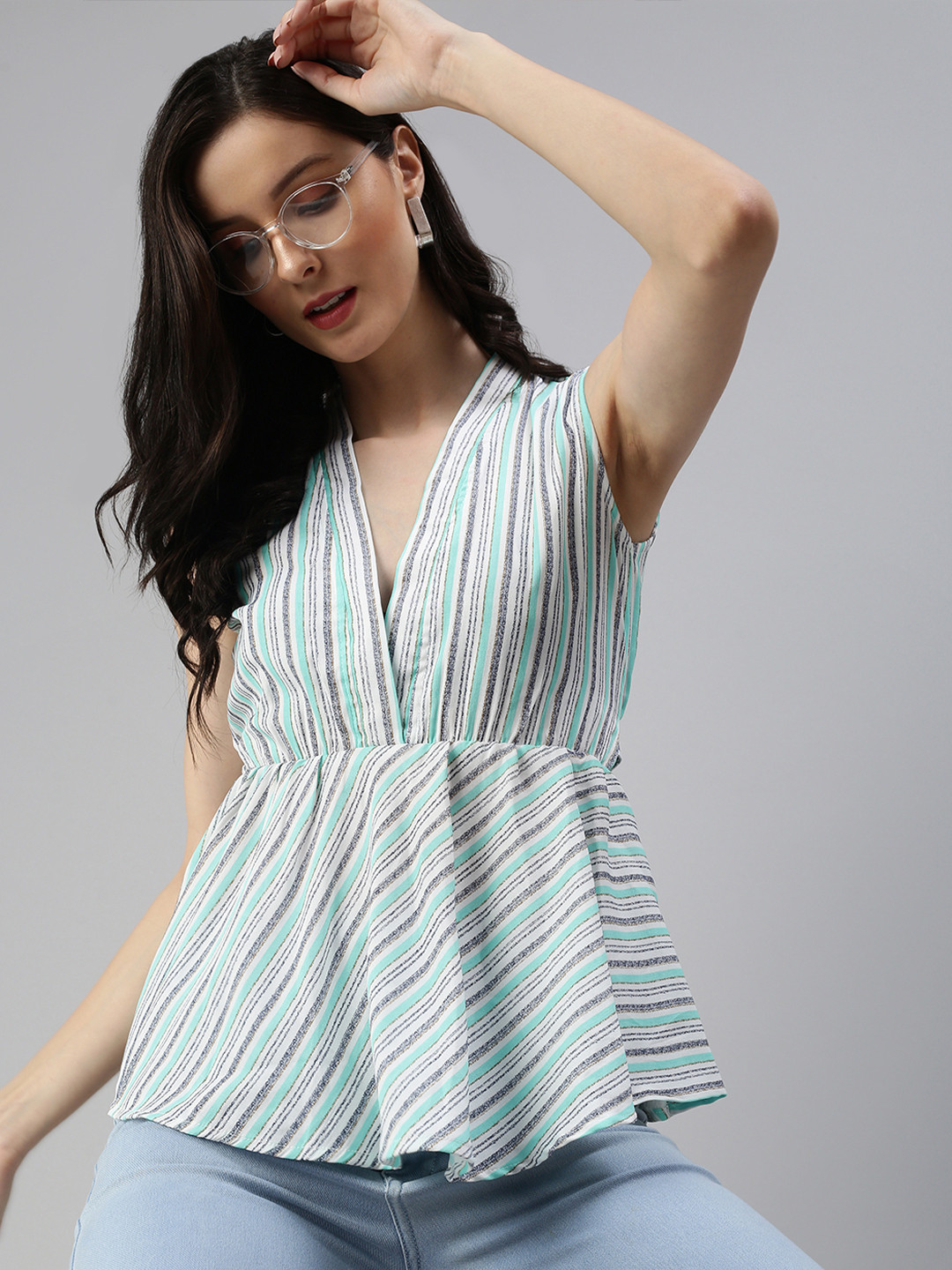 SHOWOFF Sea Green Striped Mandarin Collar Peplum Top