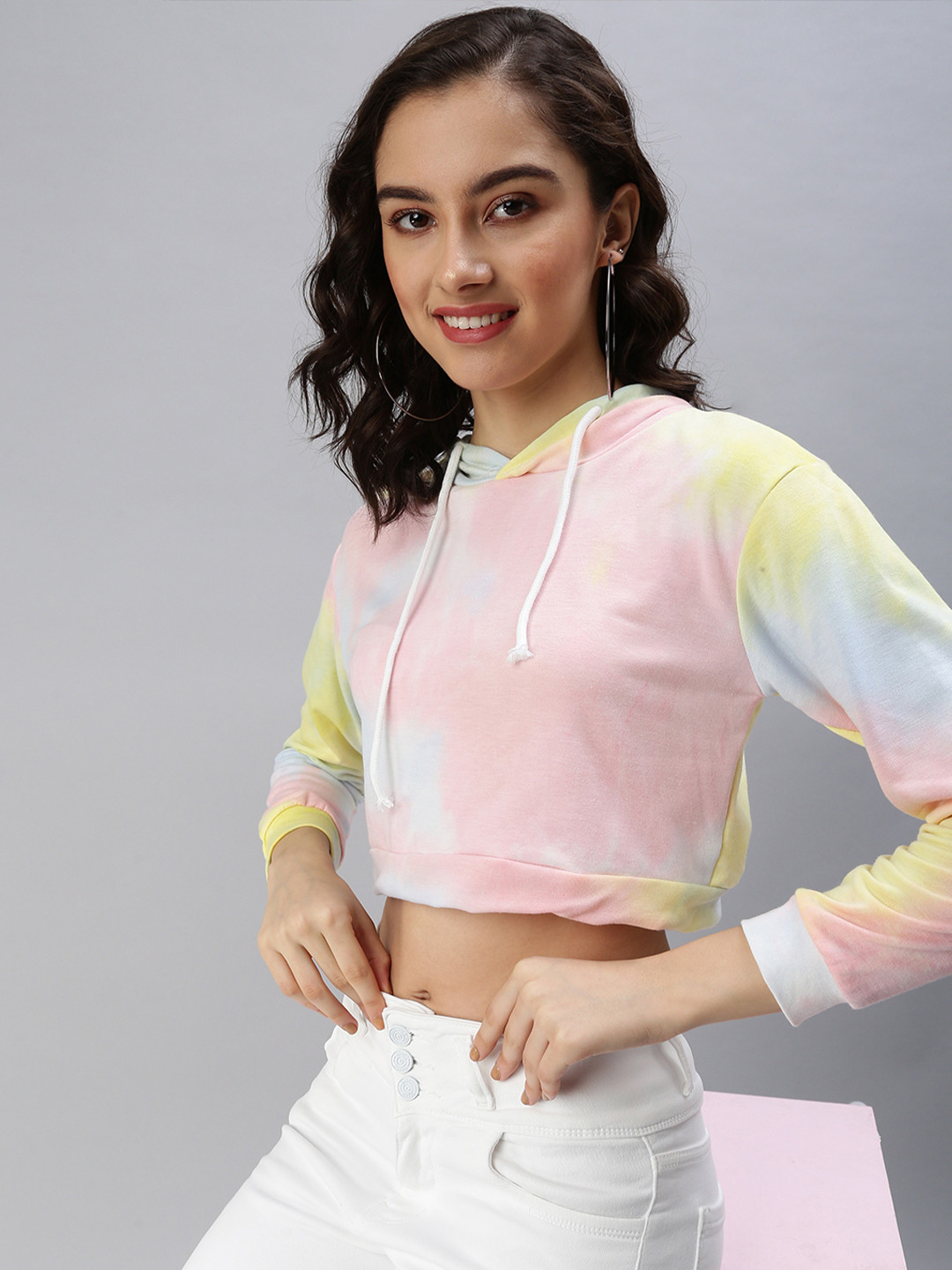 SHOWOFF Pink & Yellow Tie and Dye Print Extended Sleeves Hooded Crop Top