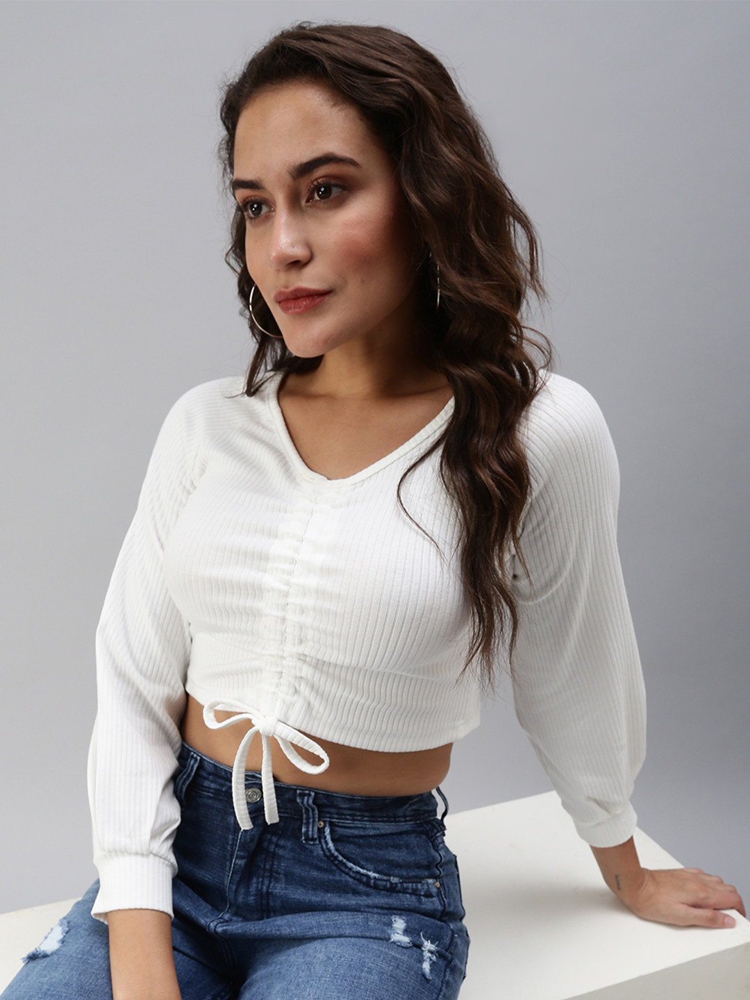 SHOWOFF Womens Off White Solid Crop Top