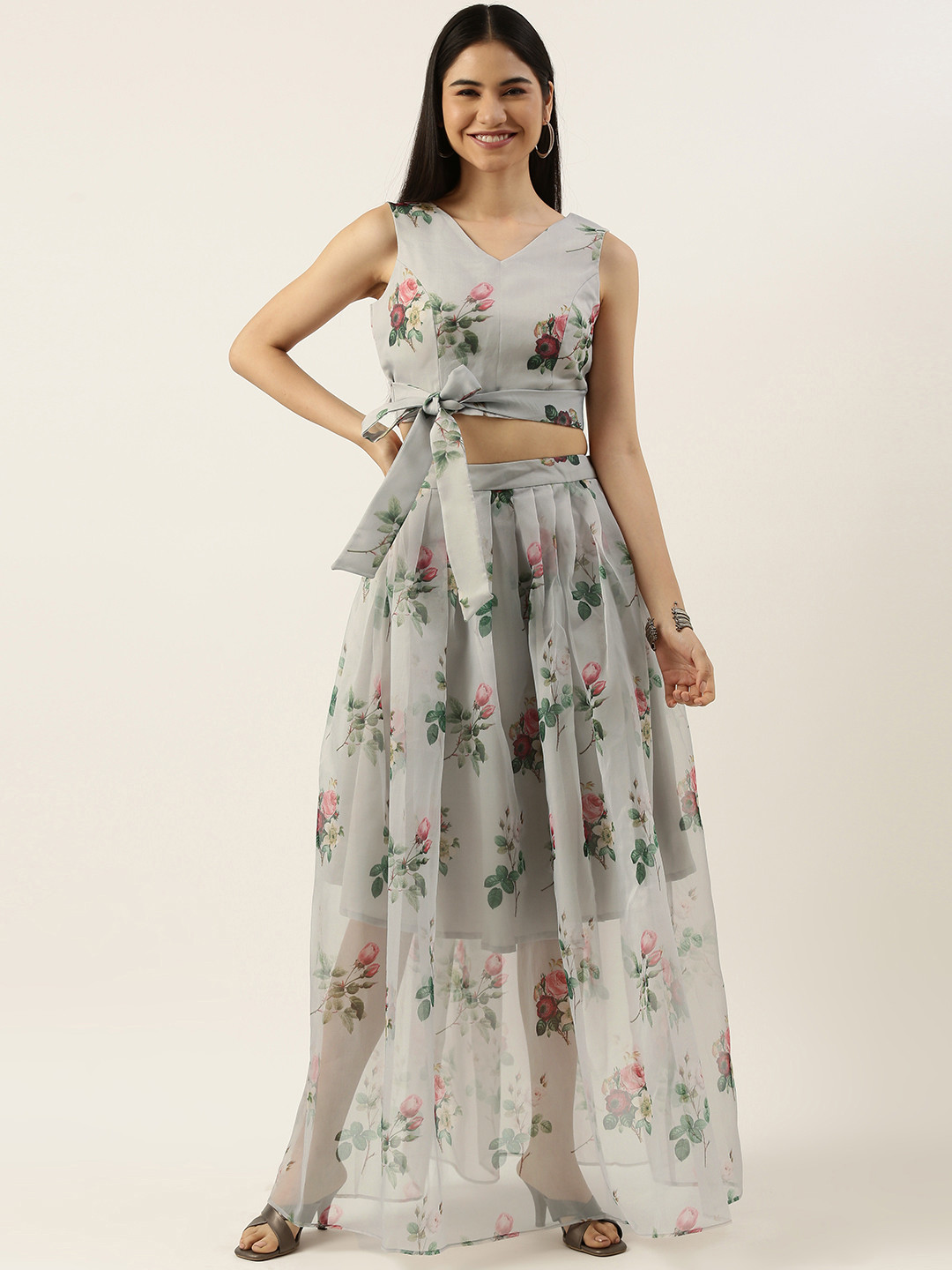 Ethnovog Women Grey  Green Floral Print Organza Made To Measure Co-Ords