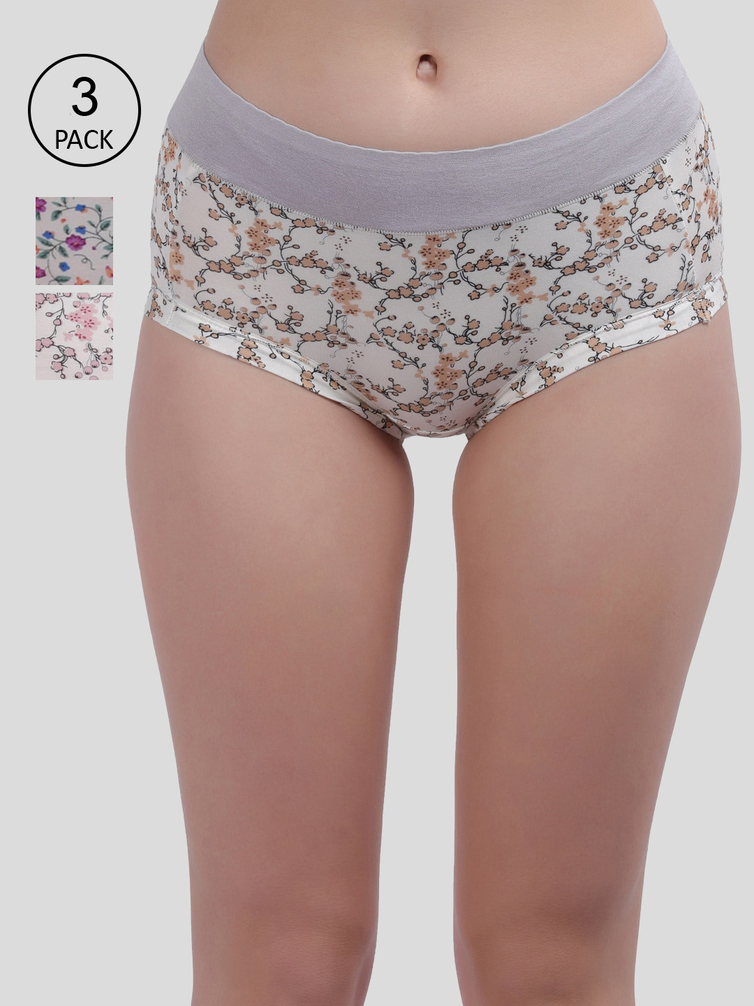 Amour Secret Pack of 3 Printed Mid Rise Hipster Briefs  P2814_Bwn_Pnk_Prl