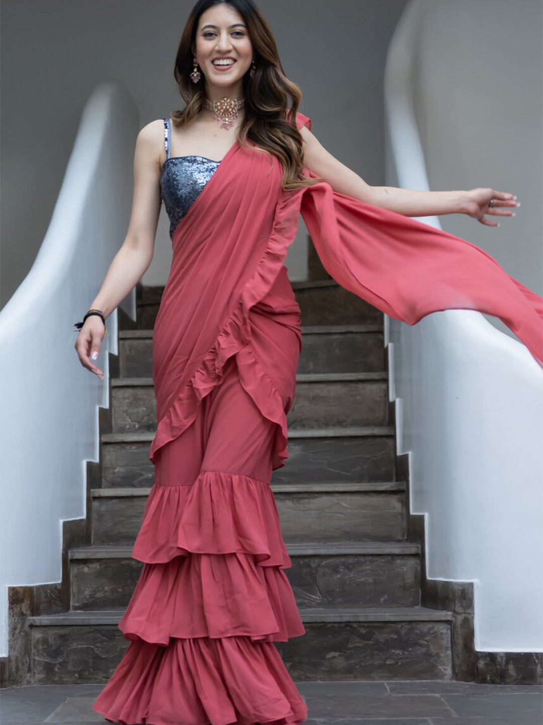 Frill saree 2025 online myntra