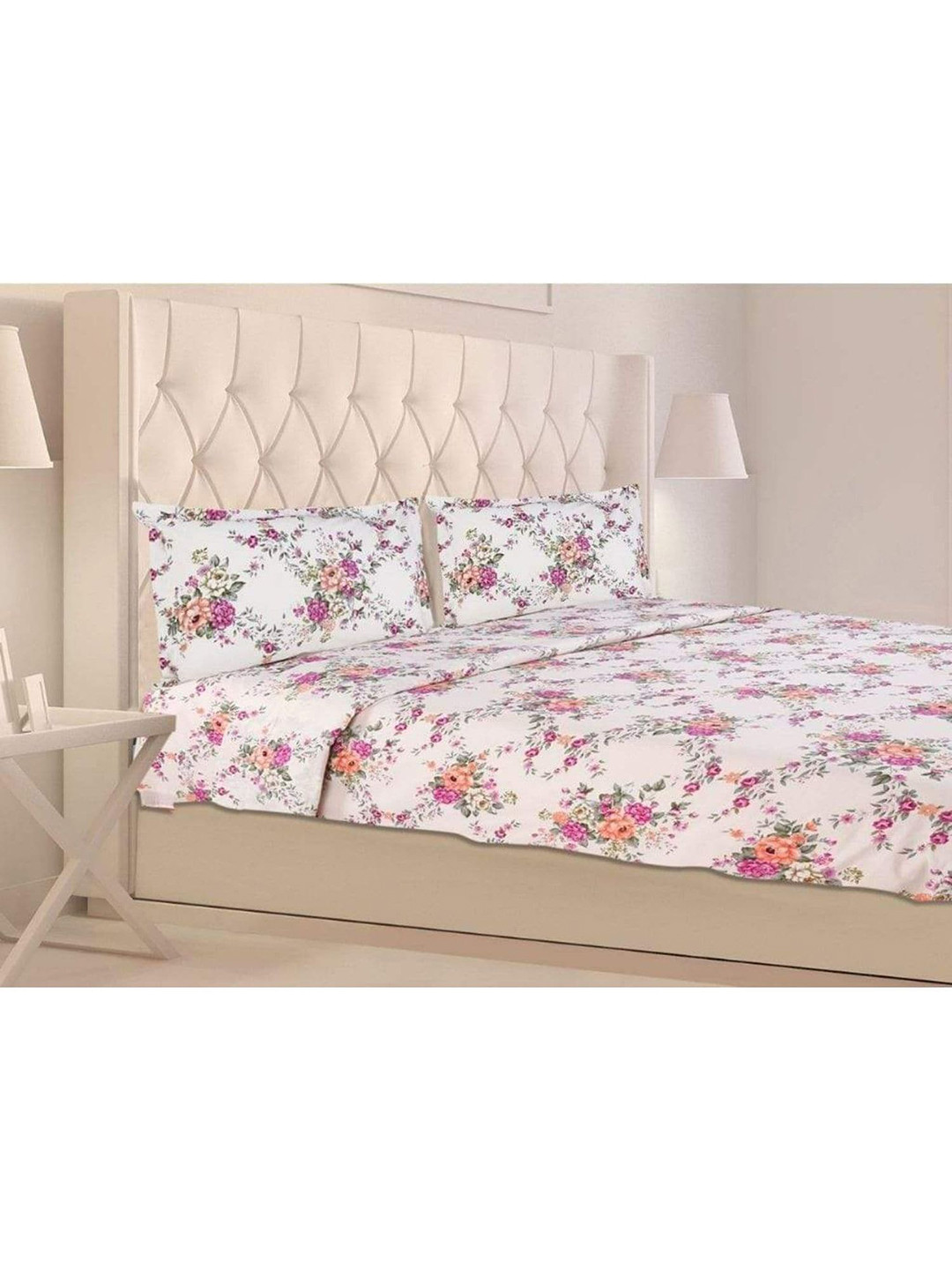 haus & kinder Pink & Off White Floral 144 TC King Bedsheet with 2 Pillow Covers