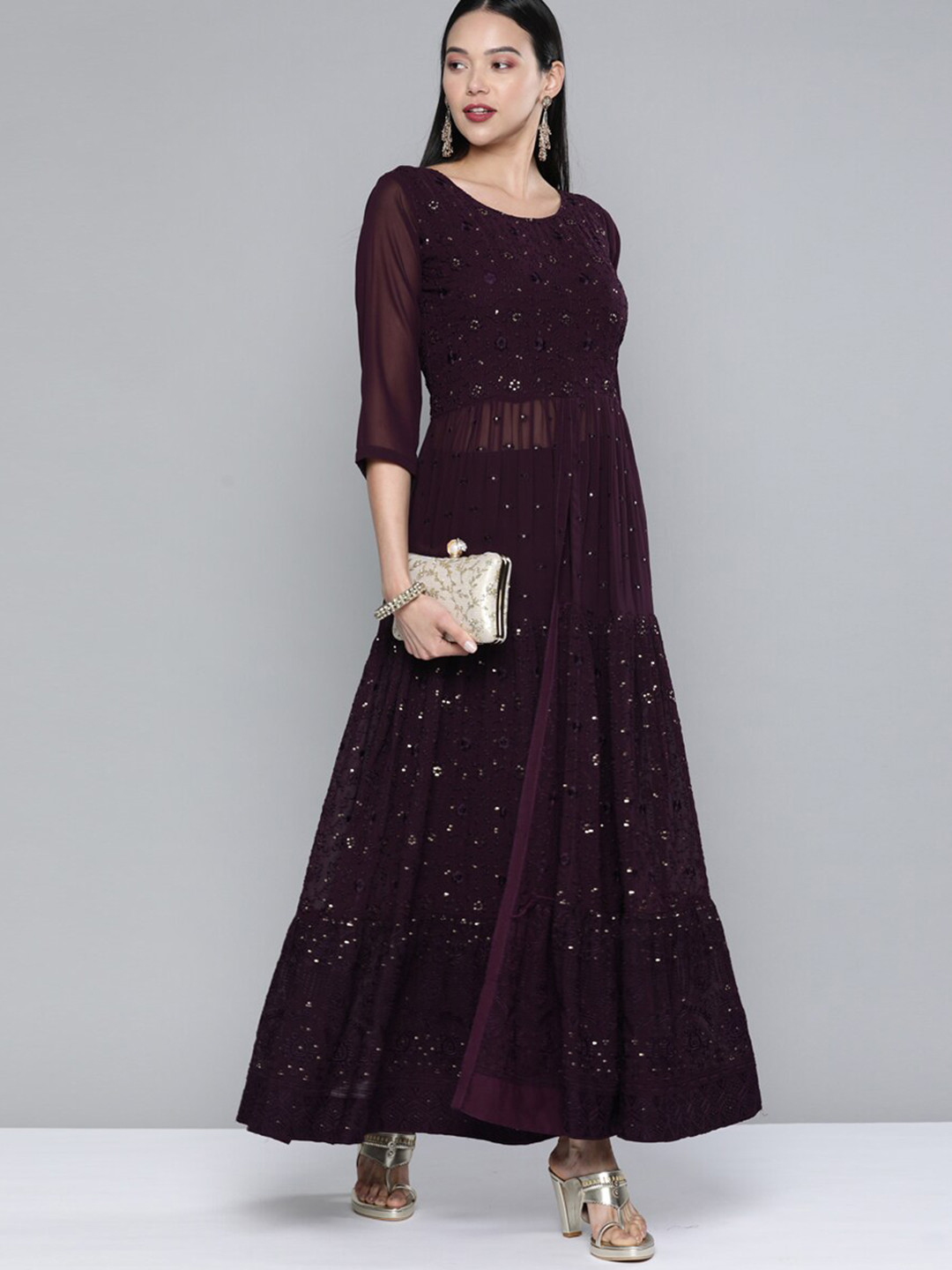 Kvsfab Women Purple Floral Embroidered High Slit Sequinned Kurti with Trousers