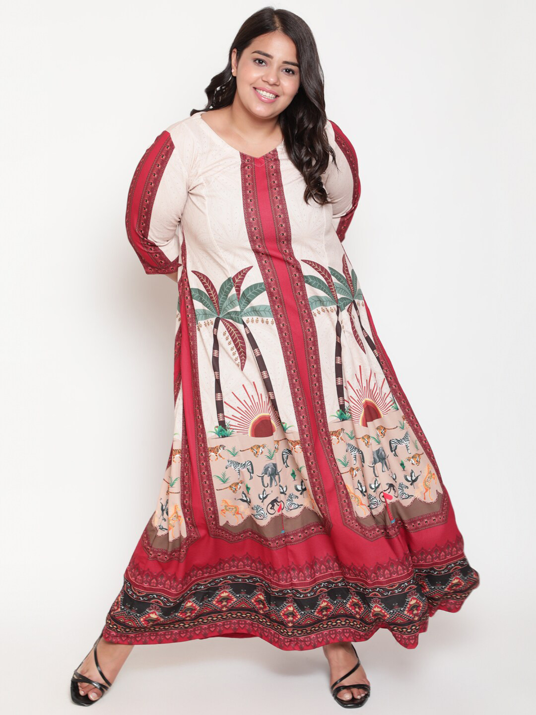 Amydus Women Plus Size Multicoloured Printed Round Neck A-Line Dress