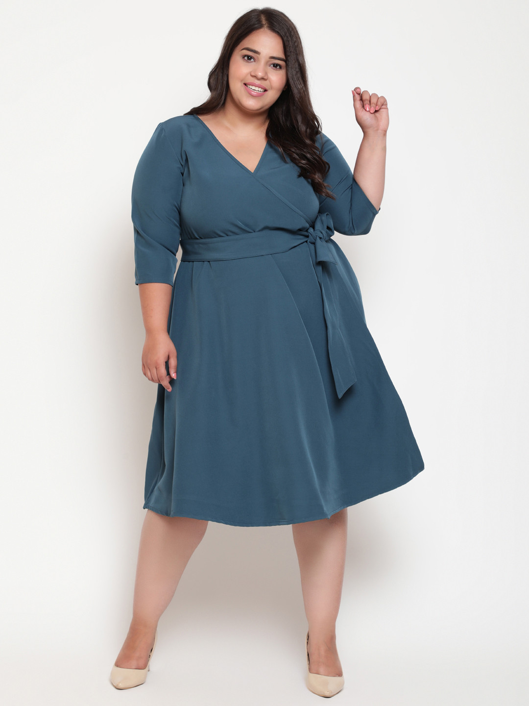 Amydus Women Plus Size Green Polyester Wrap Dress