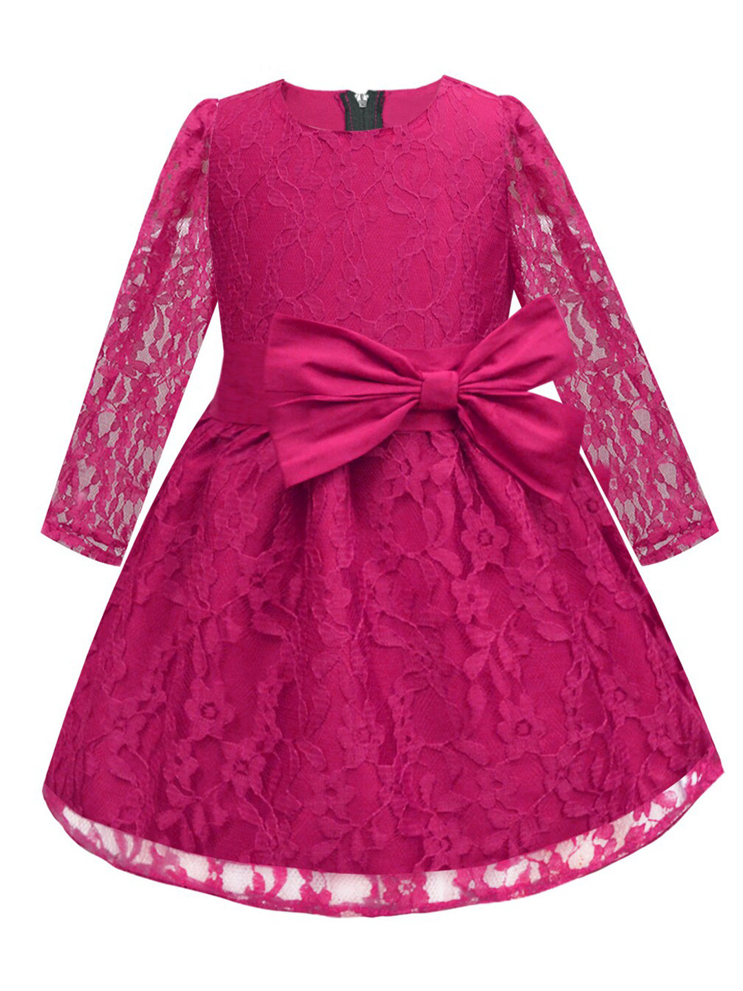 A T U N Fuchsia Full Sleeves Lace Bow Dress