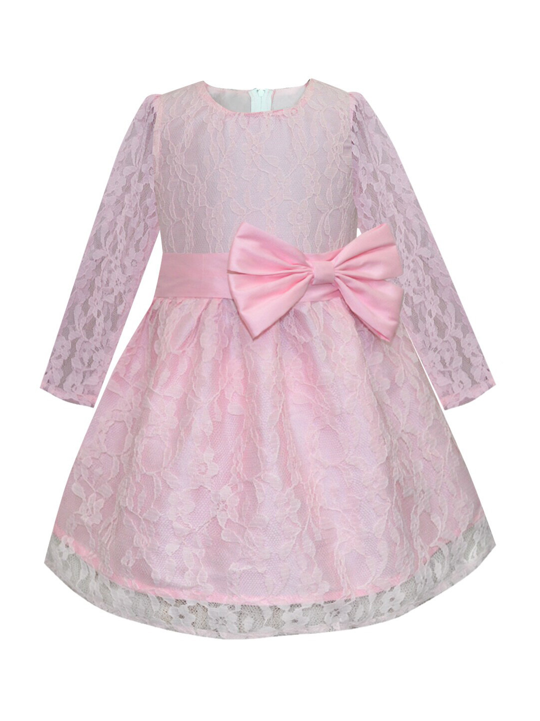 A T U N Pink  Full Sleeves Lace Bow Dress