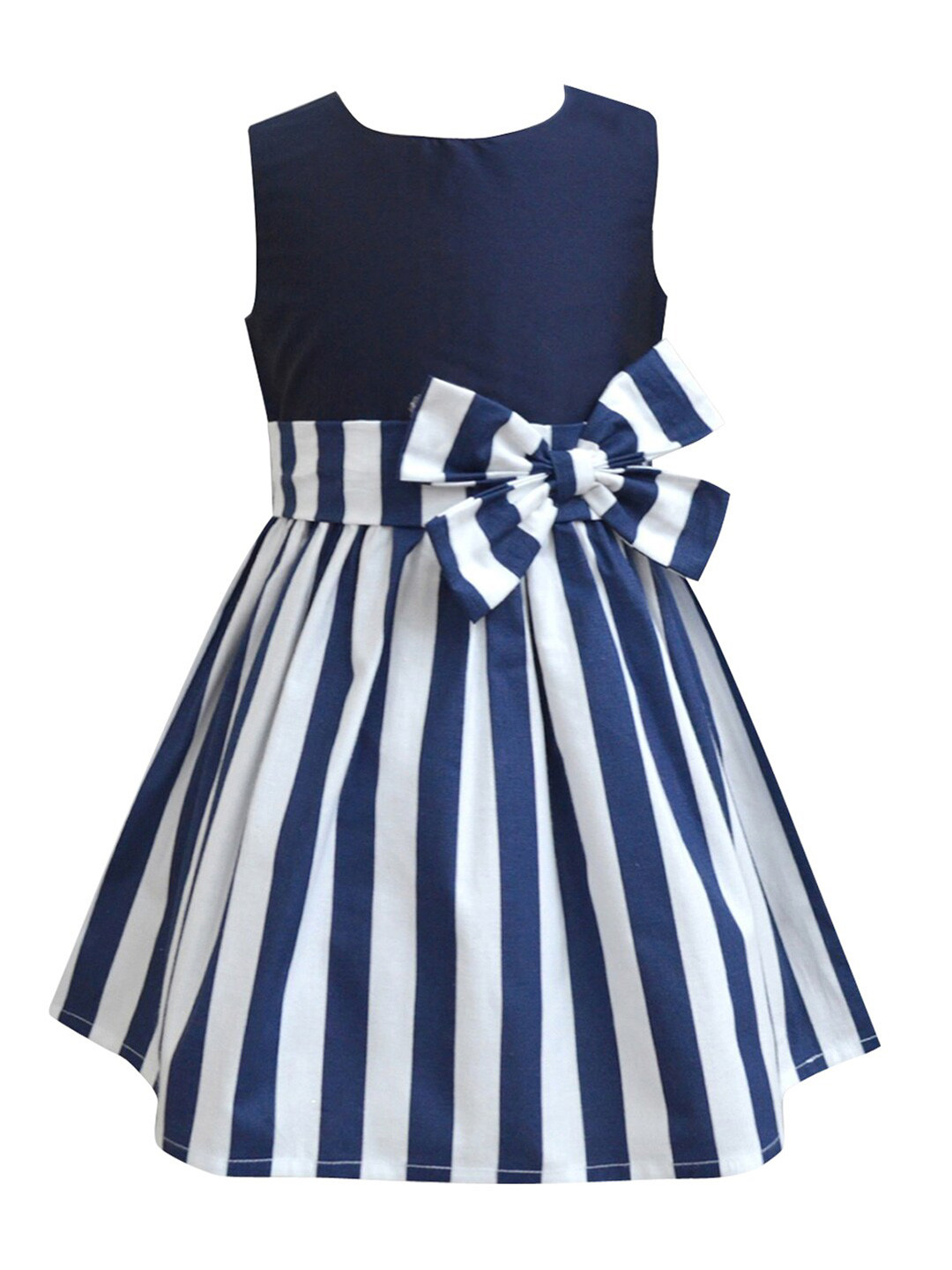 A T U N Navy Blue & White Striped Bow Dress