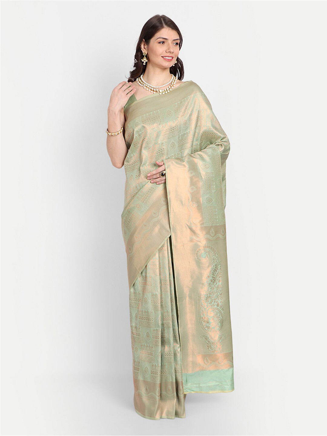 CHAMPAVALI Lime Green & Gold-Toned Ethnic Motifs Zari Banarasi Saree