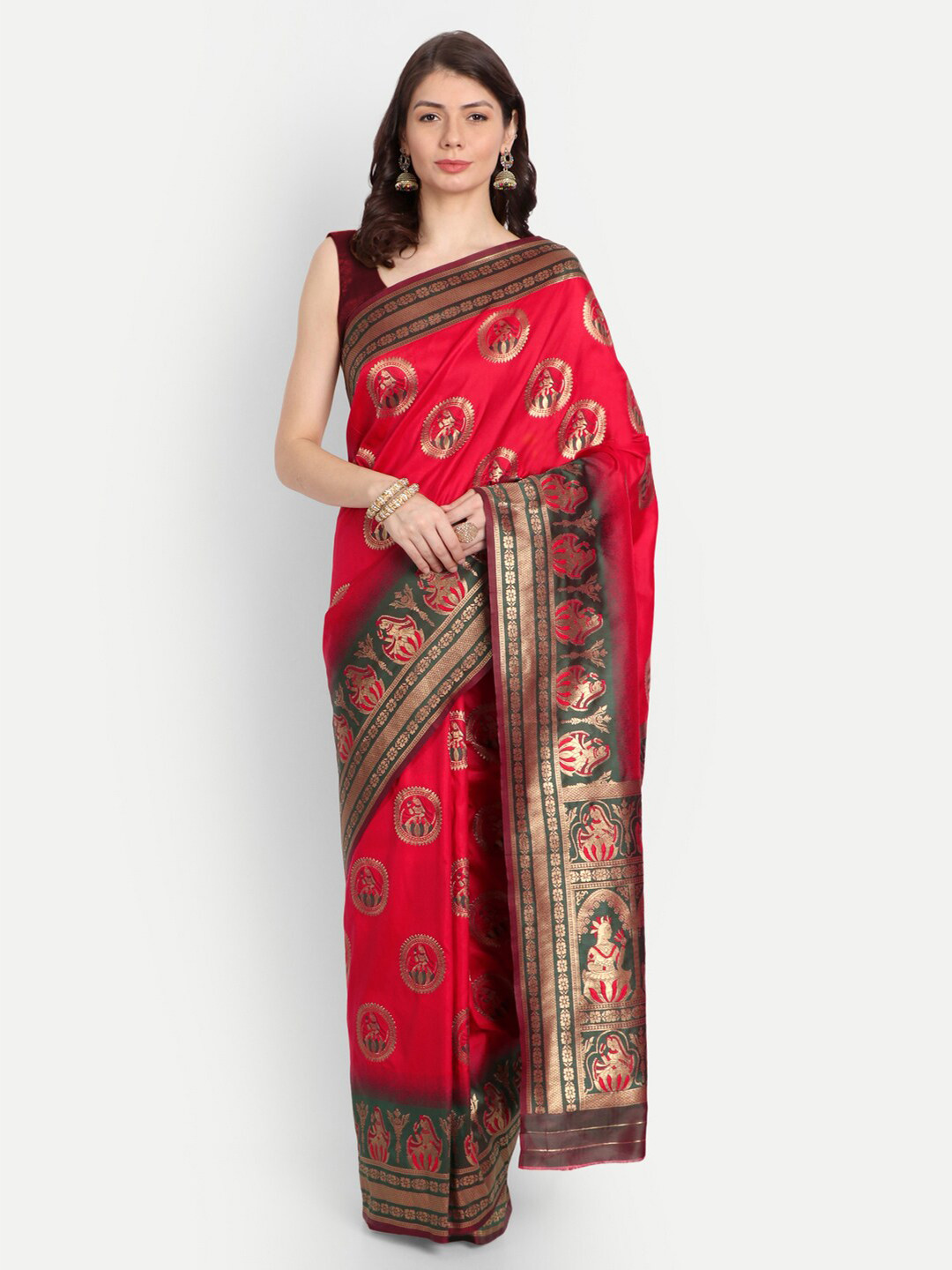 CHAMPAVALI Red & Green Ethnic Motifs Zari Banarasi Saree