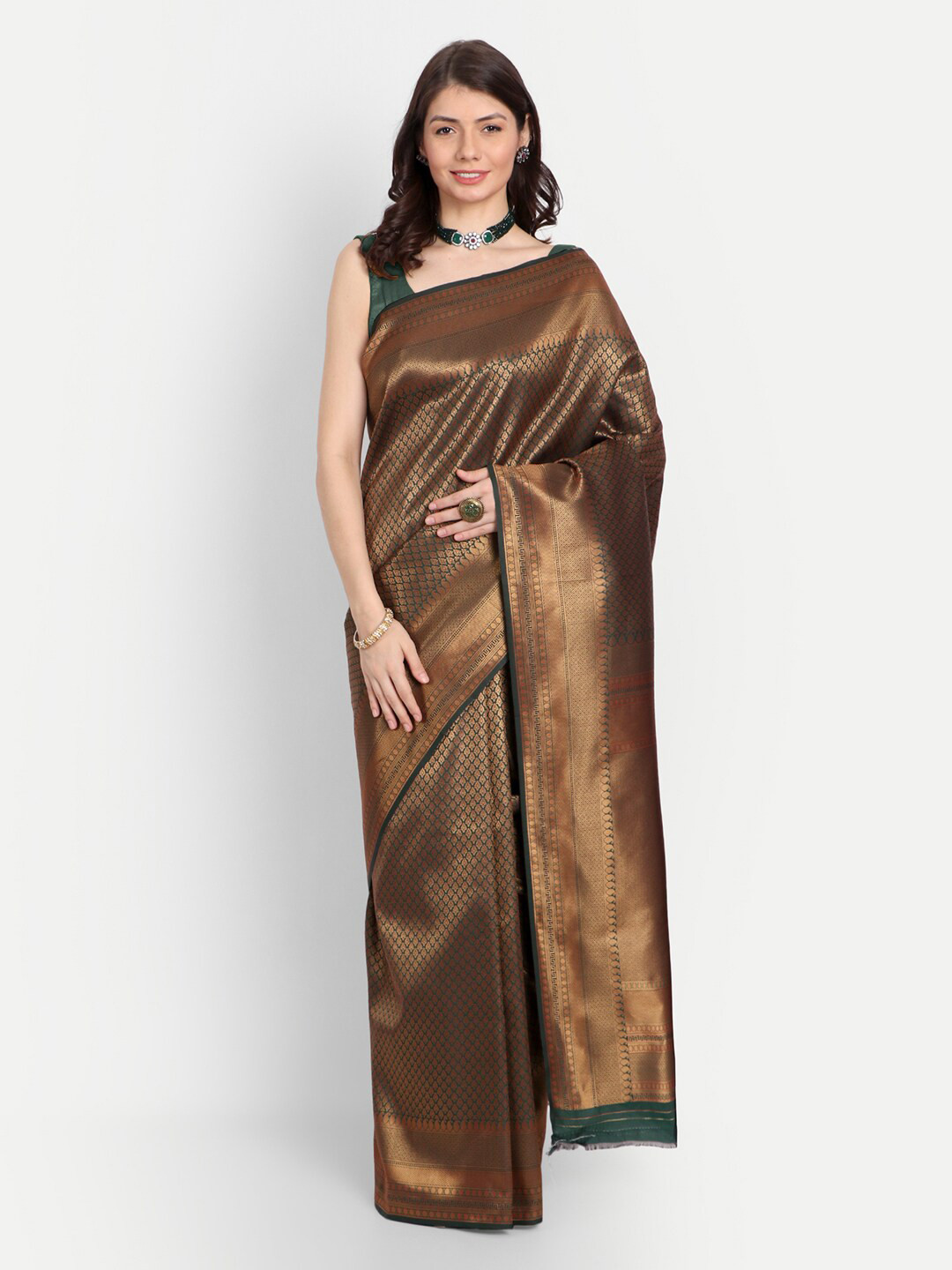CHAMPAVALI Brown & Gold-Toned Woven Design Zari Banarasi Saree