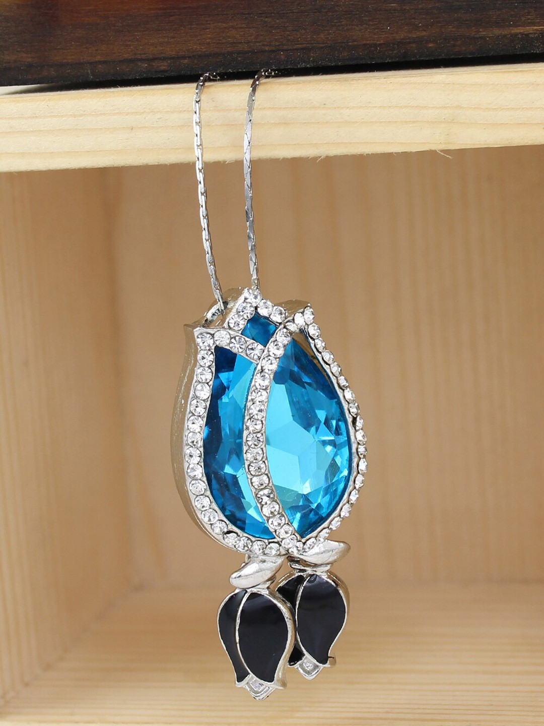 NAKABH Turquoise Blue Rhodium-Plated Crystal Pendant with Chain