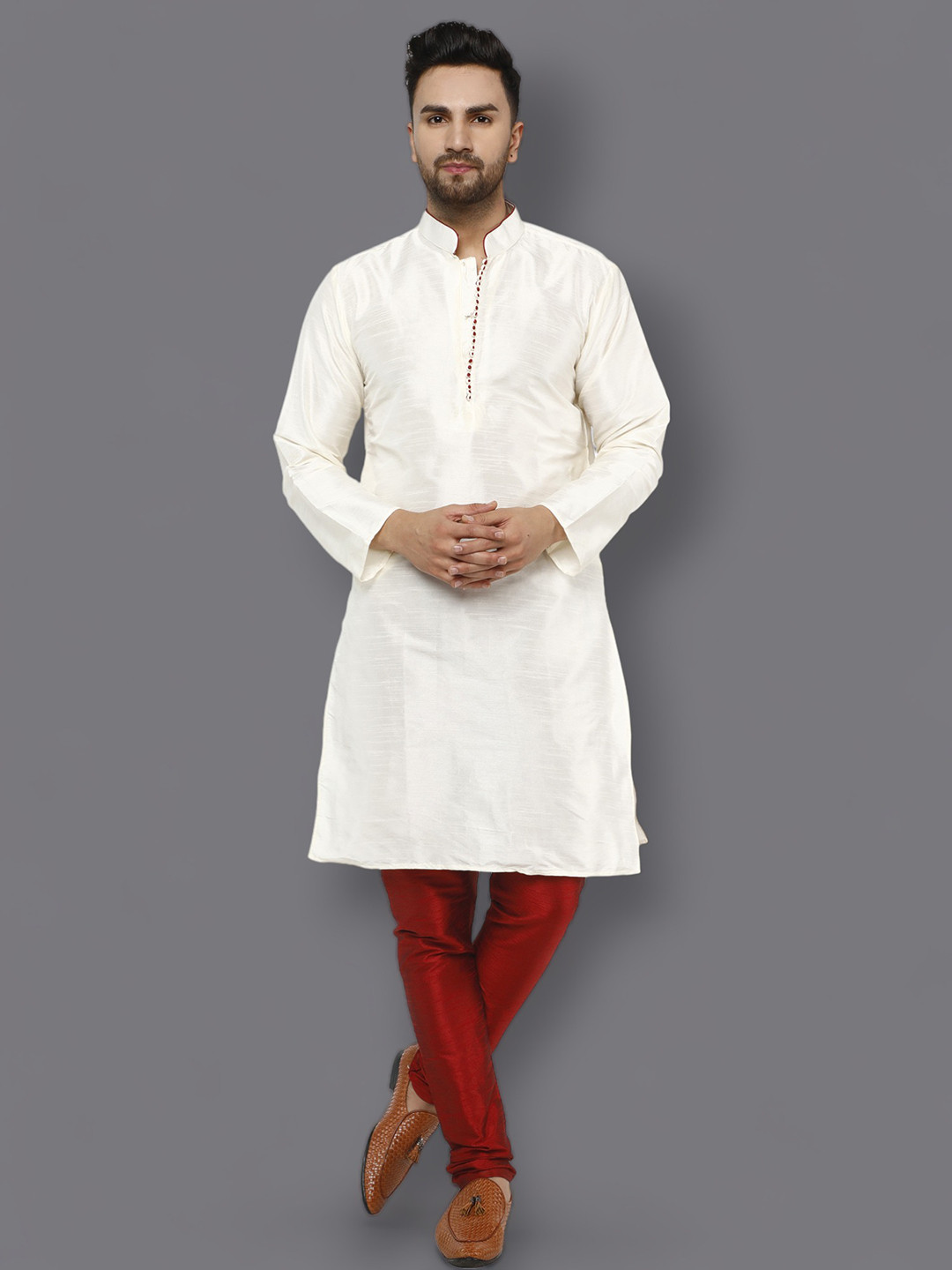 Enciger Men Off White & Red Dupion Silk Solid Kurta with Churidar