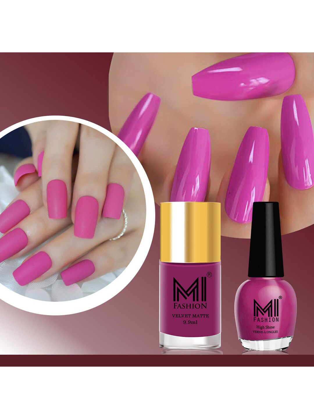 MI FASHION Set of Velvet Matte Nail Polish 9.9ml - 735 & High Shine Nail Polish 15ml - 38