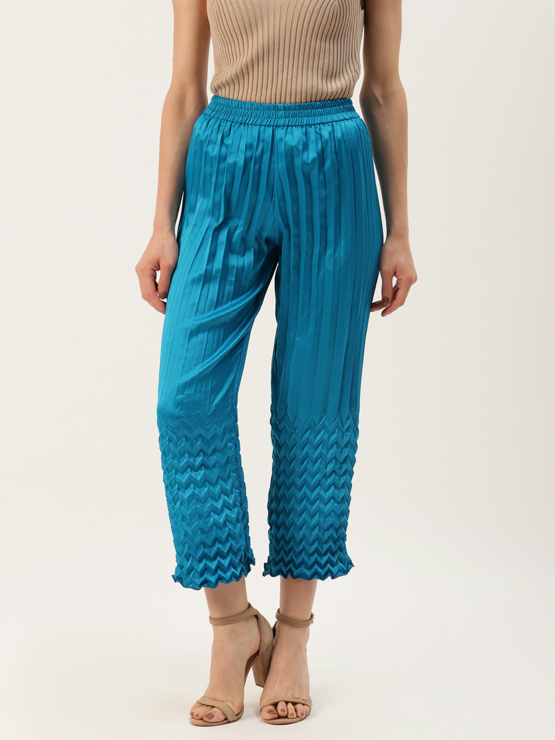 U&F Women Turquoise Blue Striped Satin Cropped Palazzos
