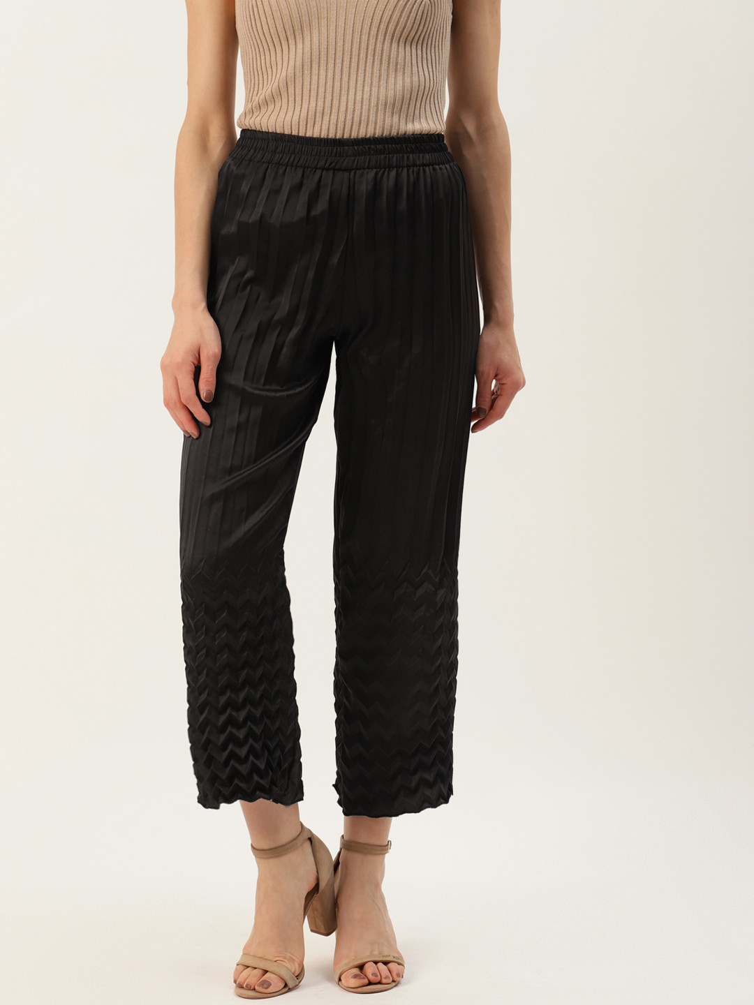 U&F Women Black Striped Satin Cropped Palazzos