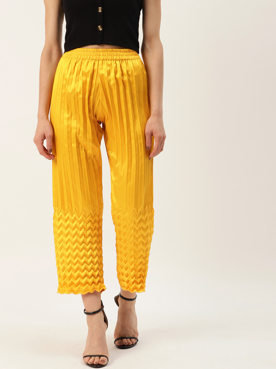 U&F Women Yellow Self Design Satin Cropped Palazzos