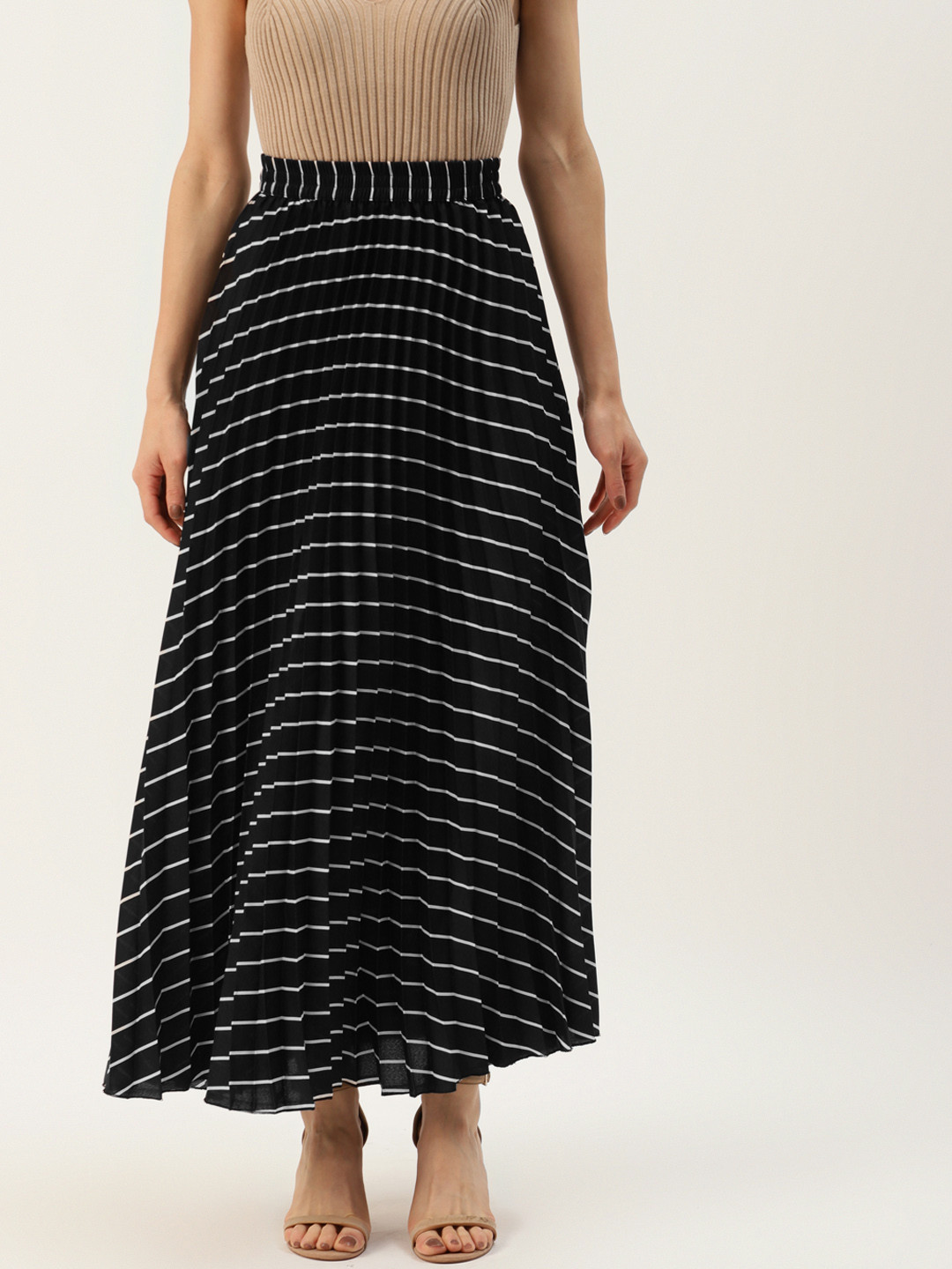 U&F Women Black & White Striped Accordion Pleats Maxi A-Line Skirt
